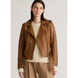 Quince Cognac Brown Women's 100% Sheep Leather Moto Jacket Small NEW MSRP$498